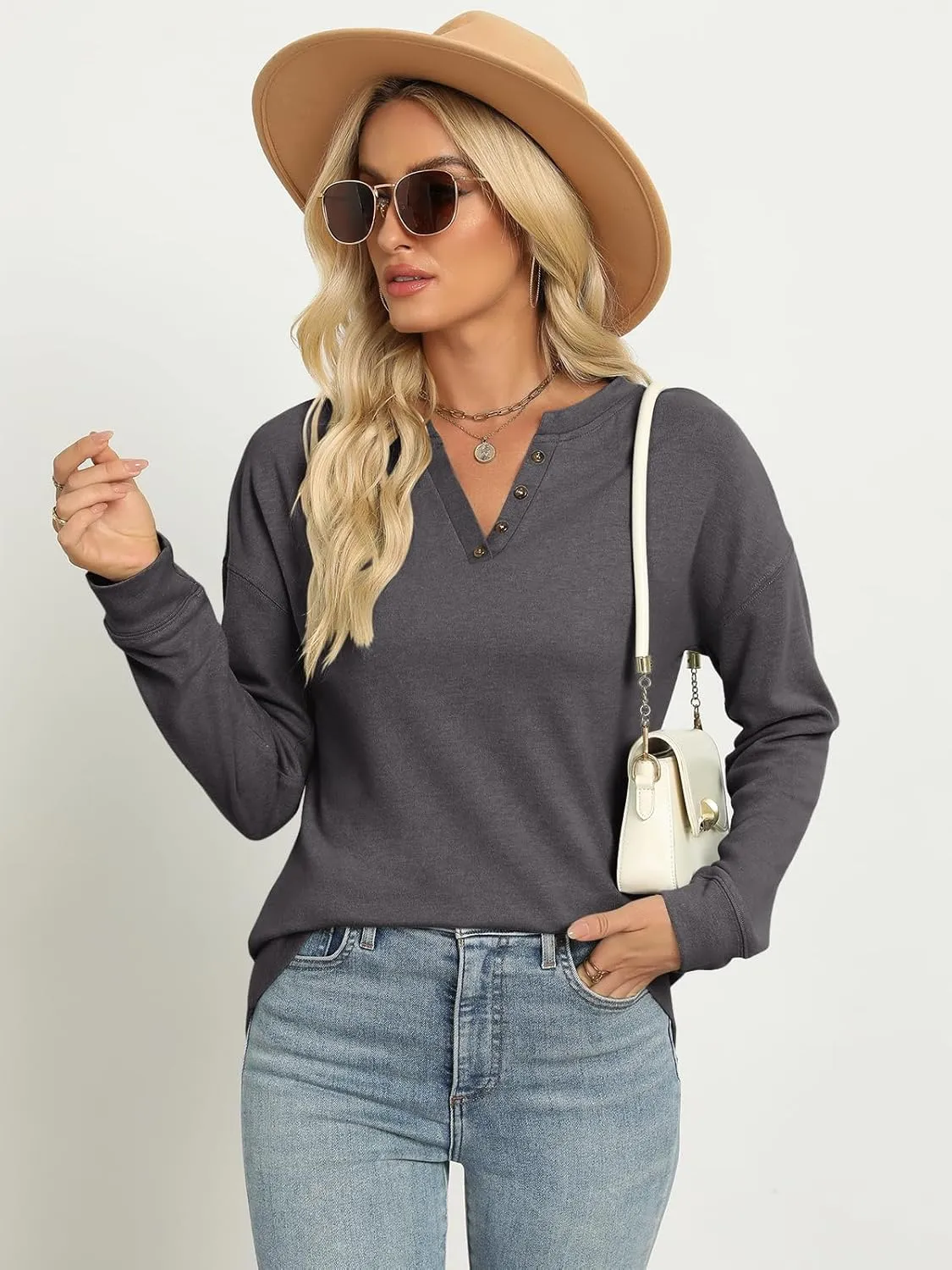 TICTICMIMI Women's V Neck Long Sleeve Tops Lightweight Sweatshirts Button Fall Shirts