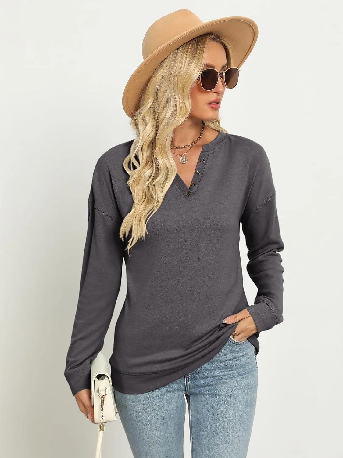 TICTICMIMI Women's V Neck Long Sleeve Tops Lightweight Sweatshirts Button Fall Shirts