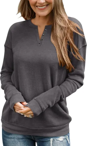 TICTICMIMI Women's V Neck Long Sleeve Tops Lightweight Sweatshirts Button Fall Shirts
