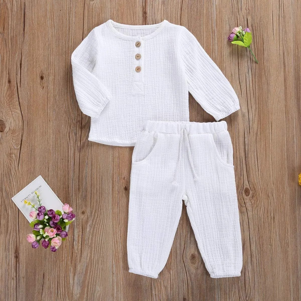 Toddler Baby Boy Girl Clothes Cotton Linen Long Sleeve Button Pullover Tops Drawstring Pants Set Casual Outfit