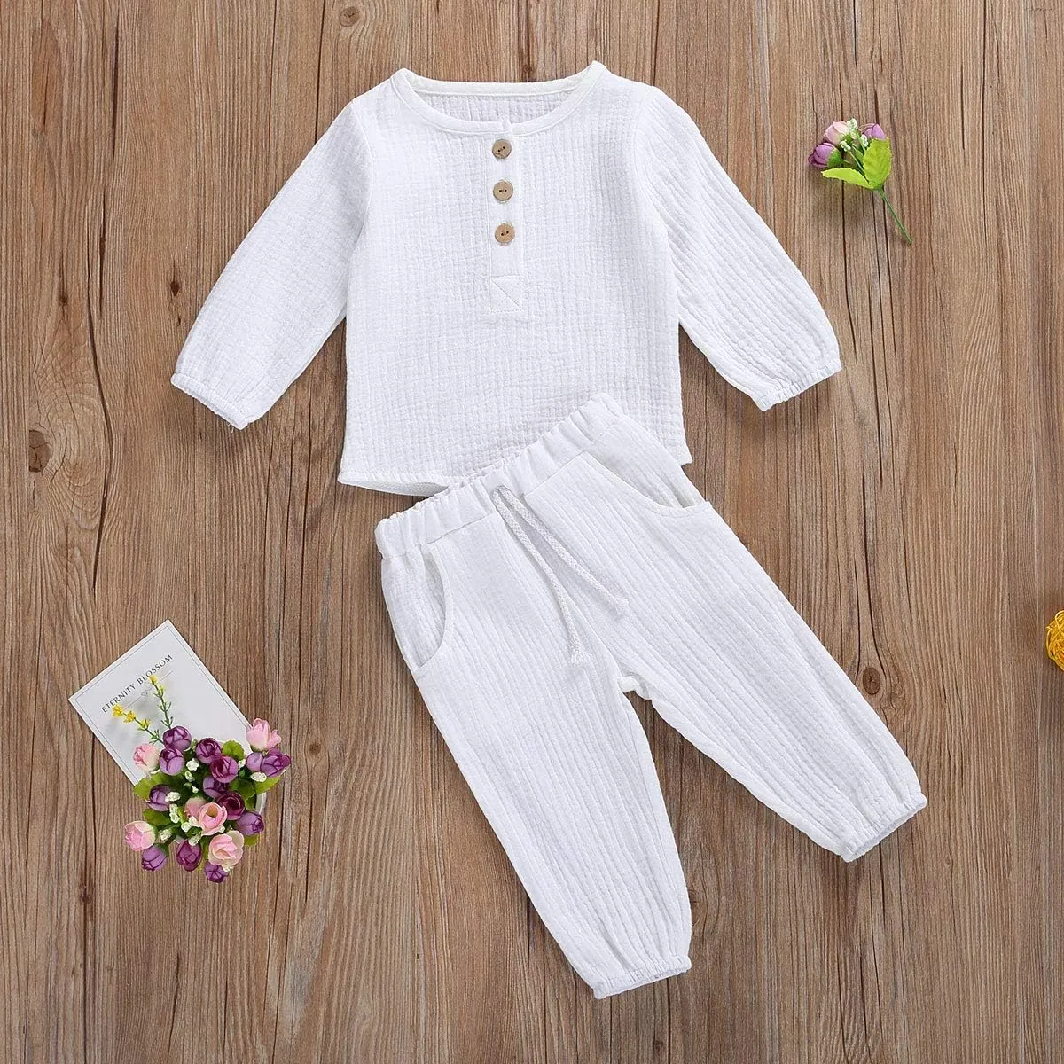Toddler Baby Boy Girl Clothes Cotton Linen Long Sleeve Button Pullover Tops Drawstring Pants Set Casual Outfit