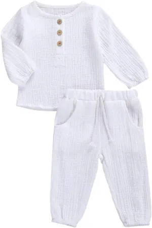 Toddler Baby Boy Girl Clothes Cotton Linen Long Sleeve Button Pullover Tops Drawstring Pants Set Casual Outfit