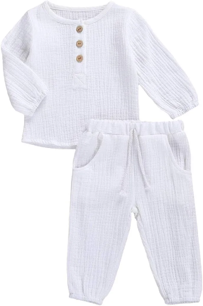 Toddler Baby Boy Girl Clothes Cotton Linen Long Sleeve Button Pullover Tops Drawstring Pants Set Casual Outfit