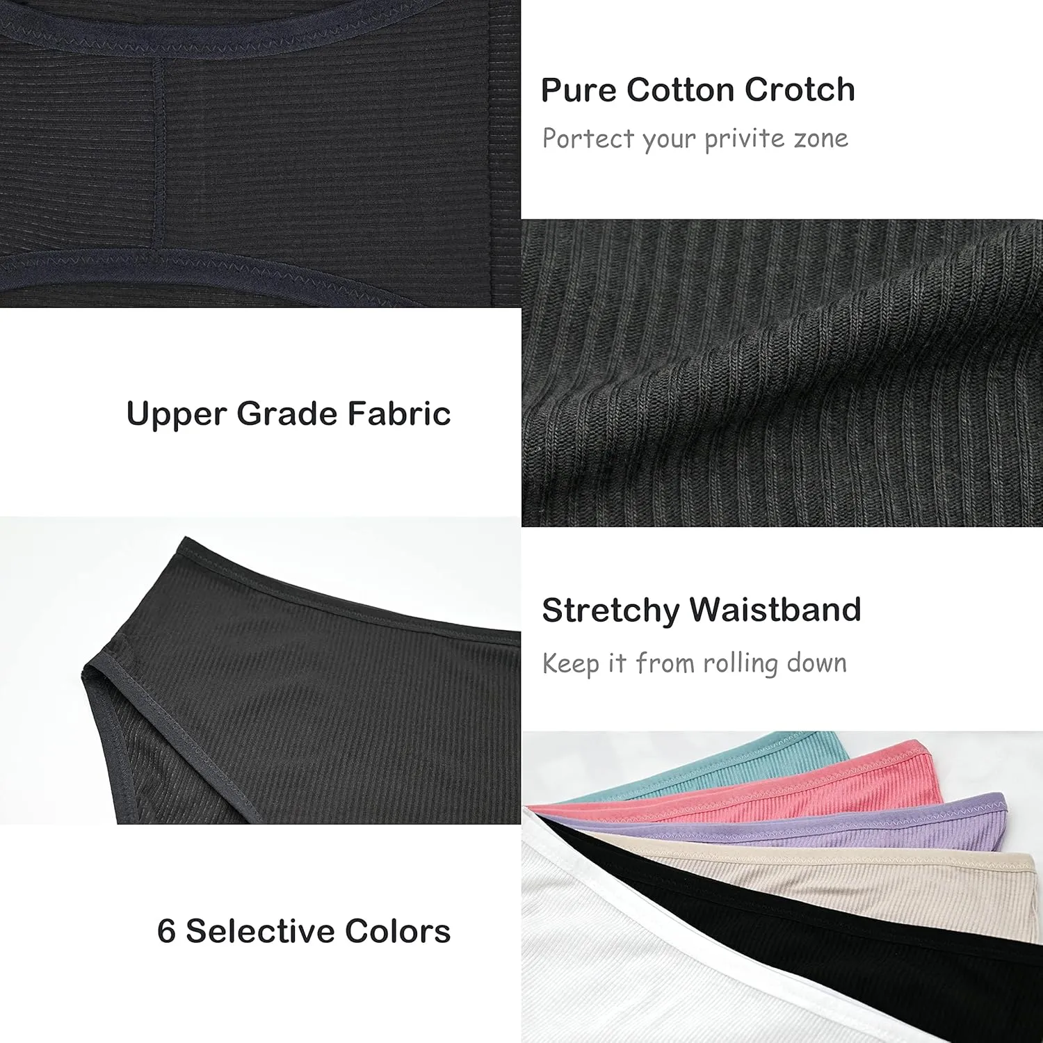 Umiehary 6 Pack High Wasit Women Sport Breathable Stretchy Colorful Briefs Ribbed Cotton Panties