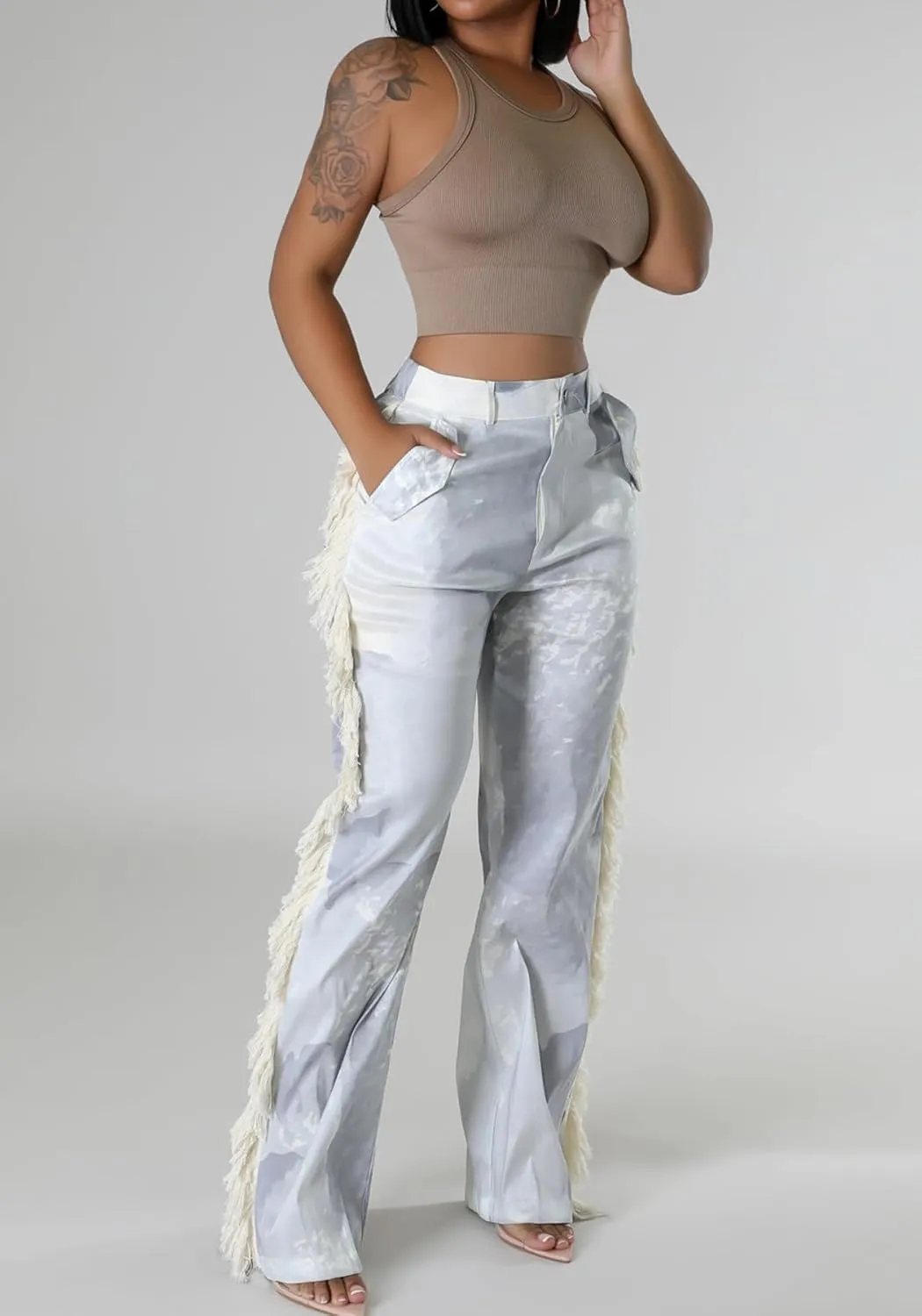 Unybwonn Women Fringe Pants Print Pattern Color Block Tassel Straight Leg Trousers High Waist Wide Leg Y2k Trendy Hippie Pant