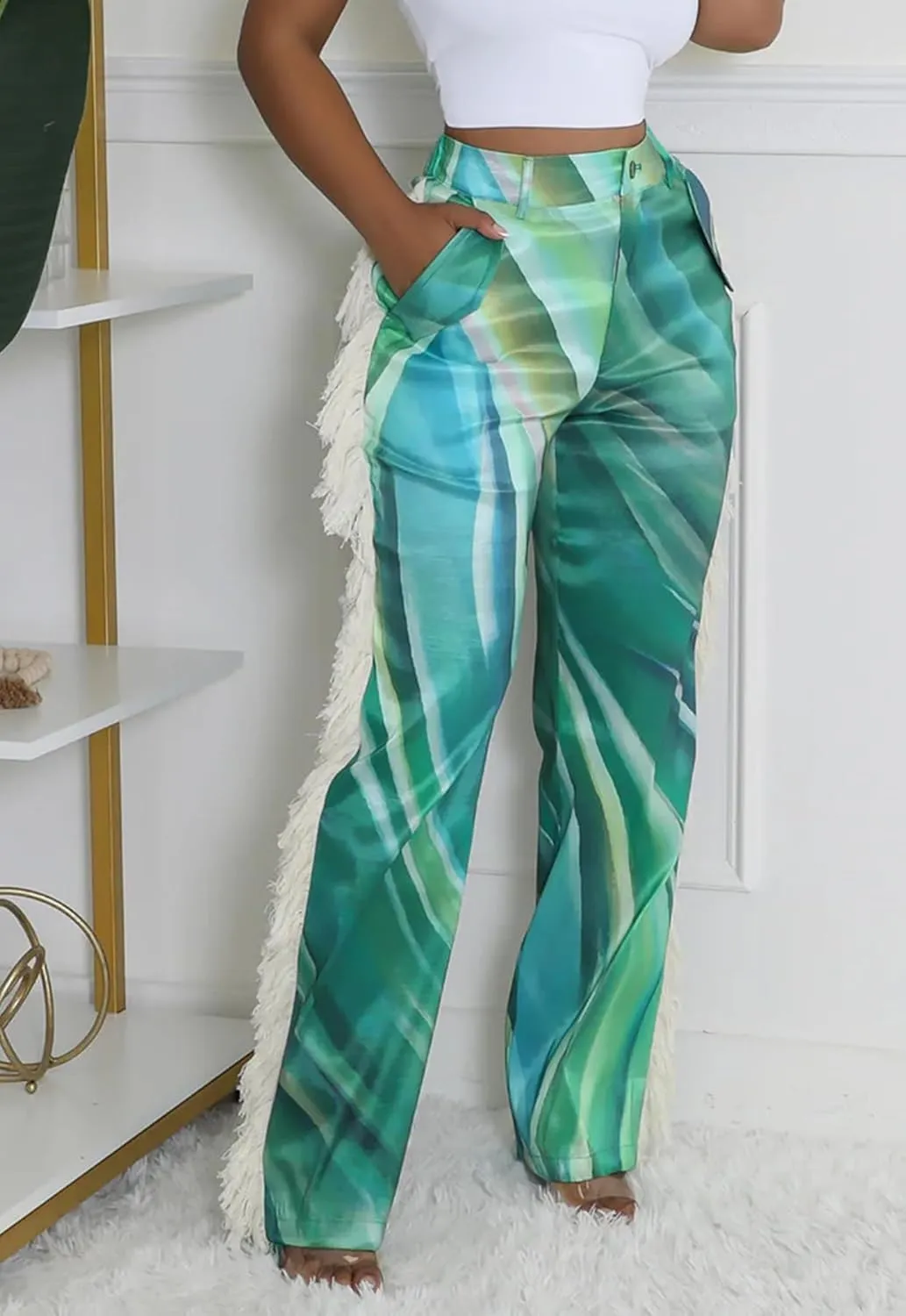 Unybwonn Women Fringe Pants Print Pattern Color Block Tassel Straight Leg Trousers High Waist Wide Leg Y2k Trendy Hippie Pant