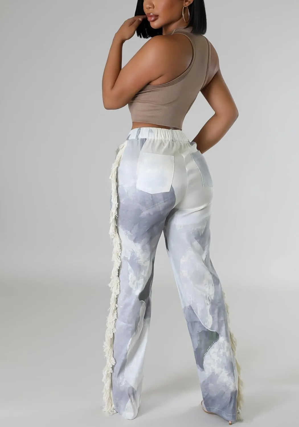 Unybwonn Women Fringe Pants Print Pattern Color Block Tassel Straight Leg Trousers High Waist Wide Leg Y2k Trendy Hippie Pant