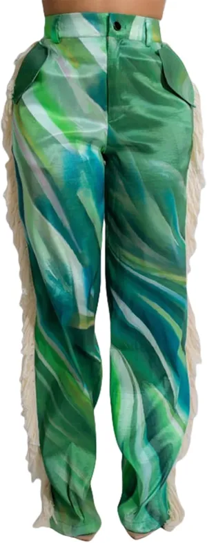 Unybwonn Women Fringe Pants Print Pattern Color Block Tassel Straight Leg Trousers High Waist Wide Leg Y2k Trendy Hippie Pant