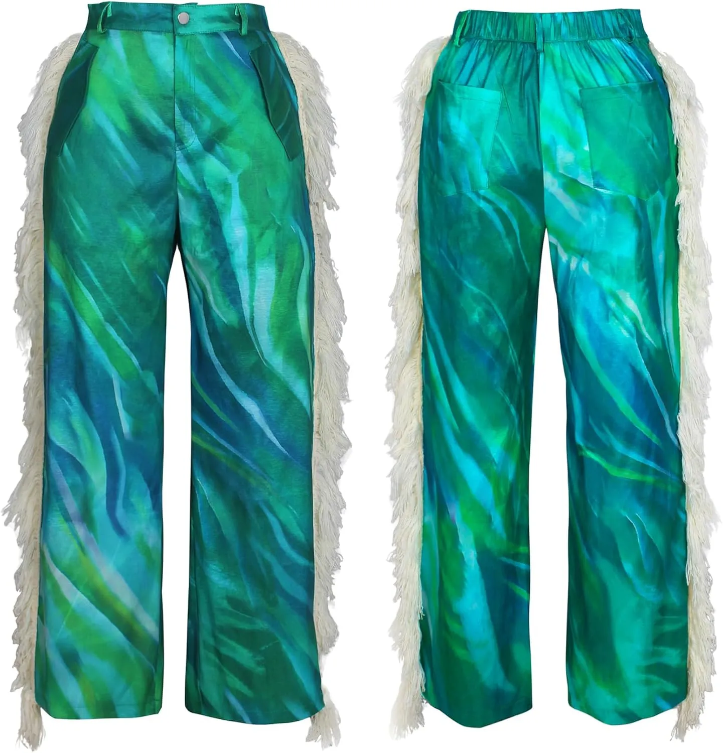 Unybwonn Women Fringe Pants Print Pattern Color Block Tassel Straight Leg Trousers High Waist Wide Leg Y2k Trendy Hippie Pant