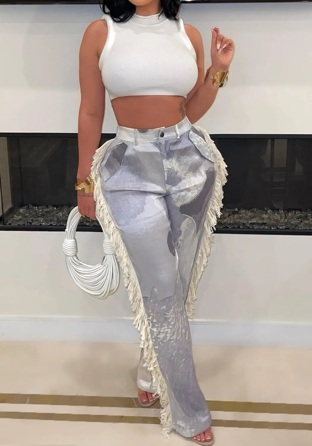 Unybwonn Women Fringe Pants Print Pattern Color Block Tassel Straight Leg Trousers High Waist Wide Leg Y2k Trendy Hippie Pant