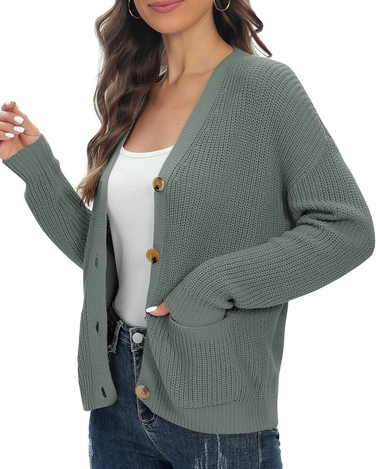 Urban CoCo Women's Lightweight Knit Open Front V-Neck Long Sleeve Button Down Casual Cardigan with Pockets