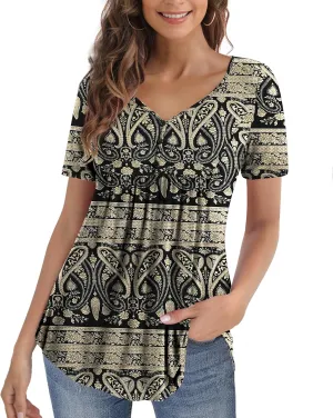 U.Vomade Womens Summer Tops V Neck Buttons Pleated Flared Plus Size Blouses M-4X
