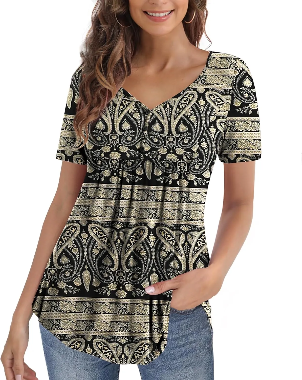 U.Vomade Womens Summer Tops V Neck Buttons Pleated Flared Plus Size Blouses M-4X