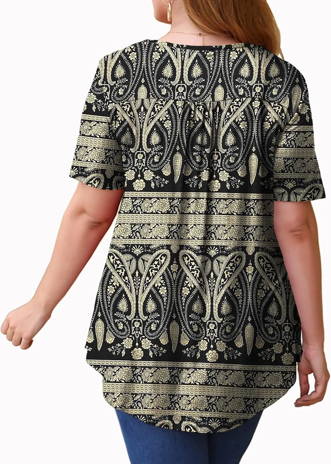 U.Vomade Womens Summer Tops V Neck Buttons Pleated Flared Plus Size Blouses M-4X