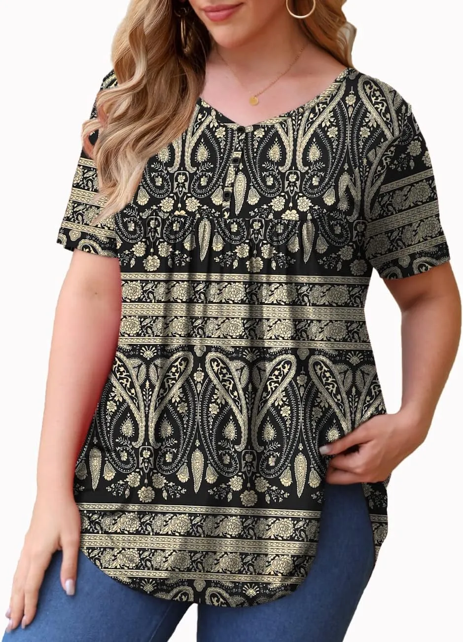 U.Vomade Womens Summer Tops V Neck Buttons Pleated Flared Plus Size Blouses M-4X
