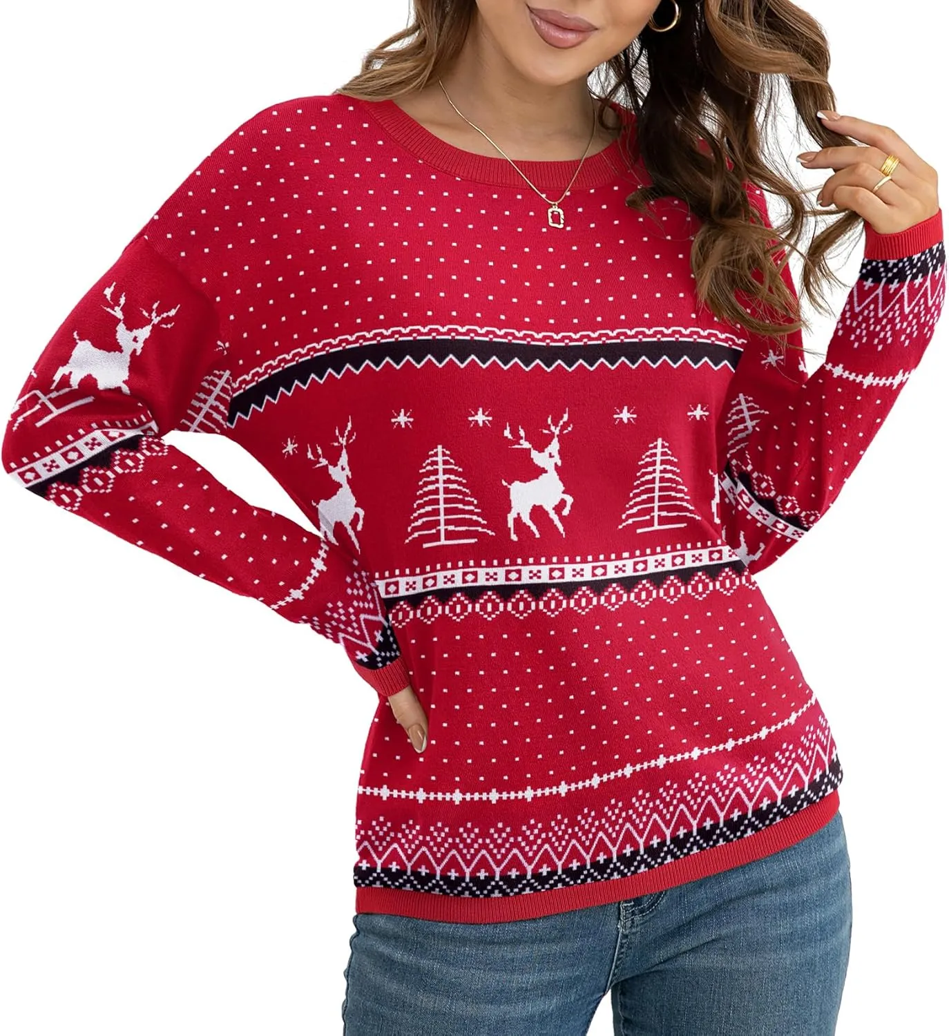 VIISHOW Women's Pullover Sweaters Long Sleeve Print Knitted Crew Neck Sweater Tops a Little Run Big