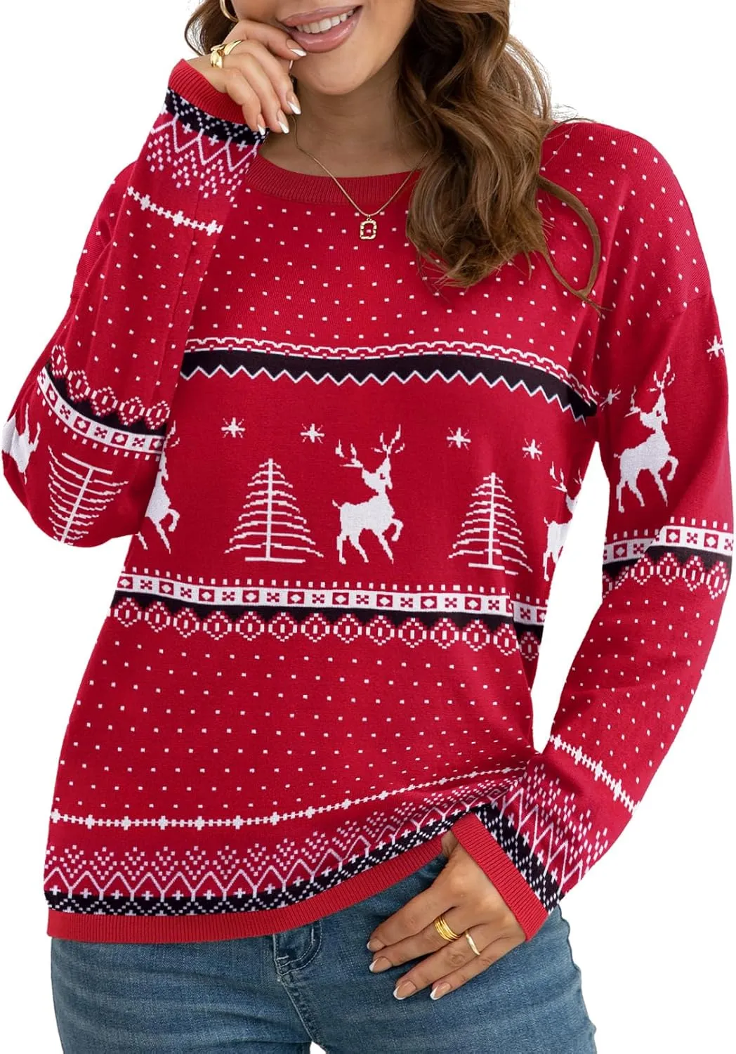 VIISHOW Women's Pullover Sweaters Long Sleeve Print Knitted Crew Neck Sweater Tops a Little Run Big