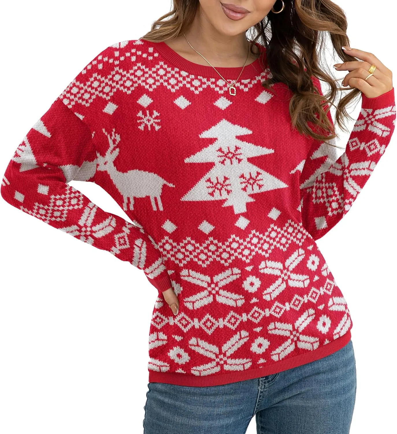 VIISHOW Women's Pullover Sweaters Long Sleeve Print Knitted Crew Neck Sweater Tops a Little Run Big