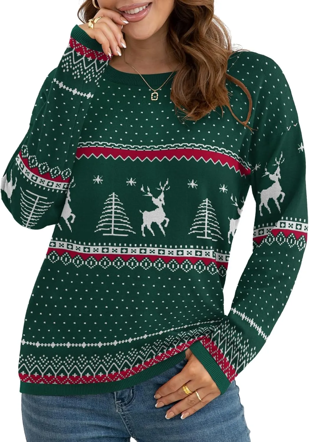 VIISHOW Women's Pullover Sweaters Long Sleeve Print Knitted Crew Neck Sweater Tops a Little Run Big