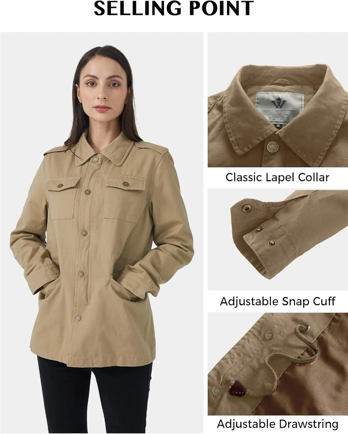 WenVen Women's Lightweight Canvas Cotton Military Jacket Utility Lapel Anorak