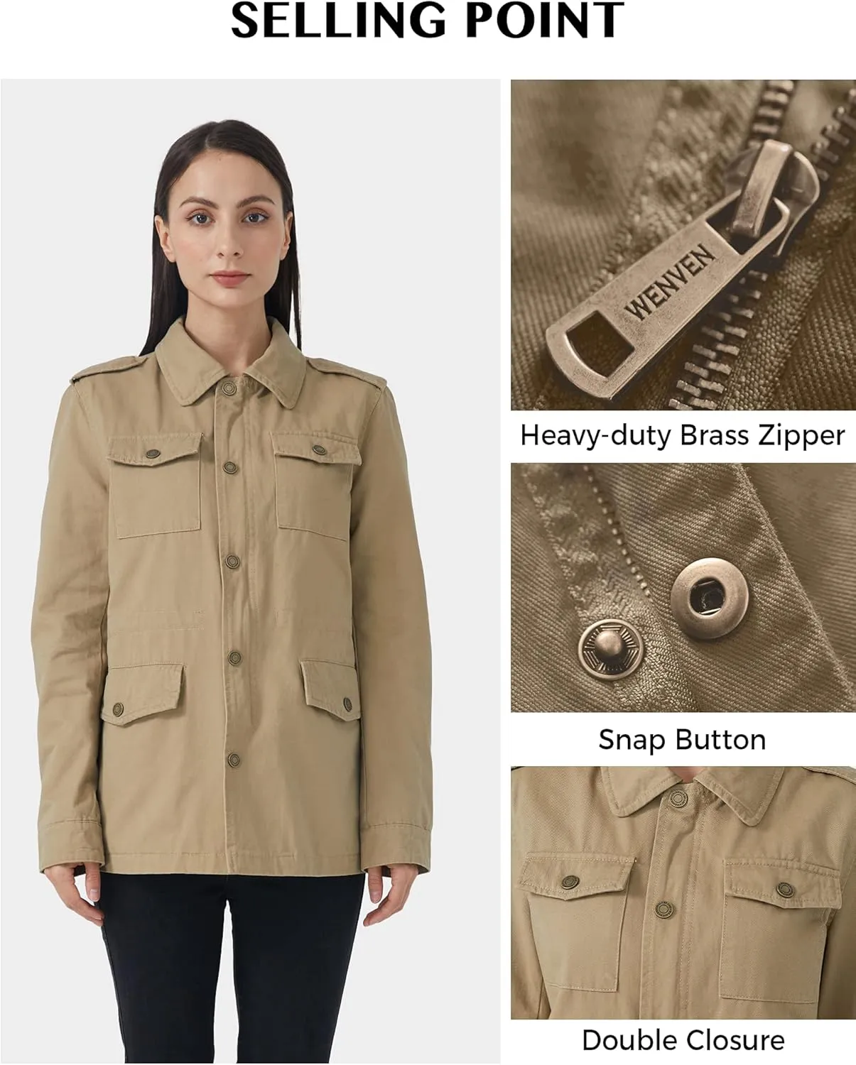 WenVen Women's Lightweight Canvas Cotton Military Jacket Utility Lapel Anorak