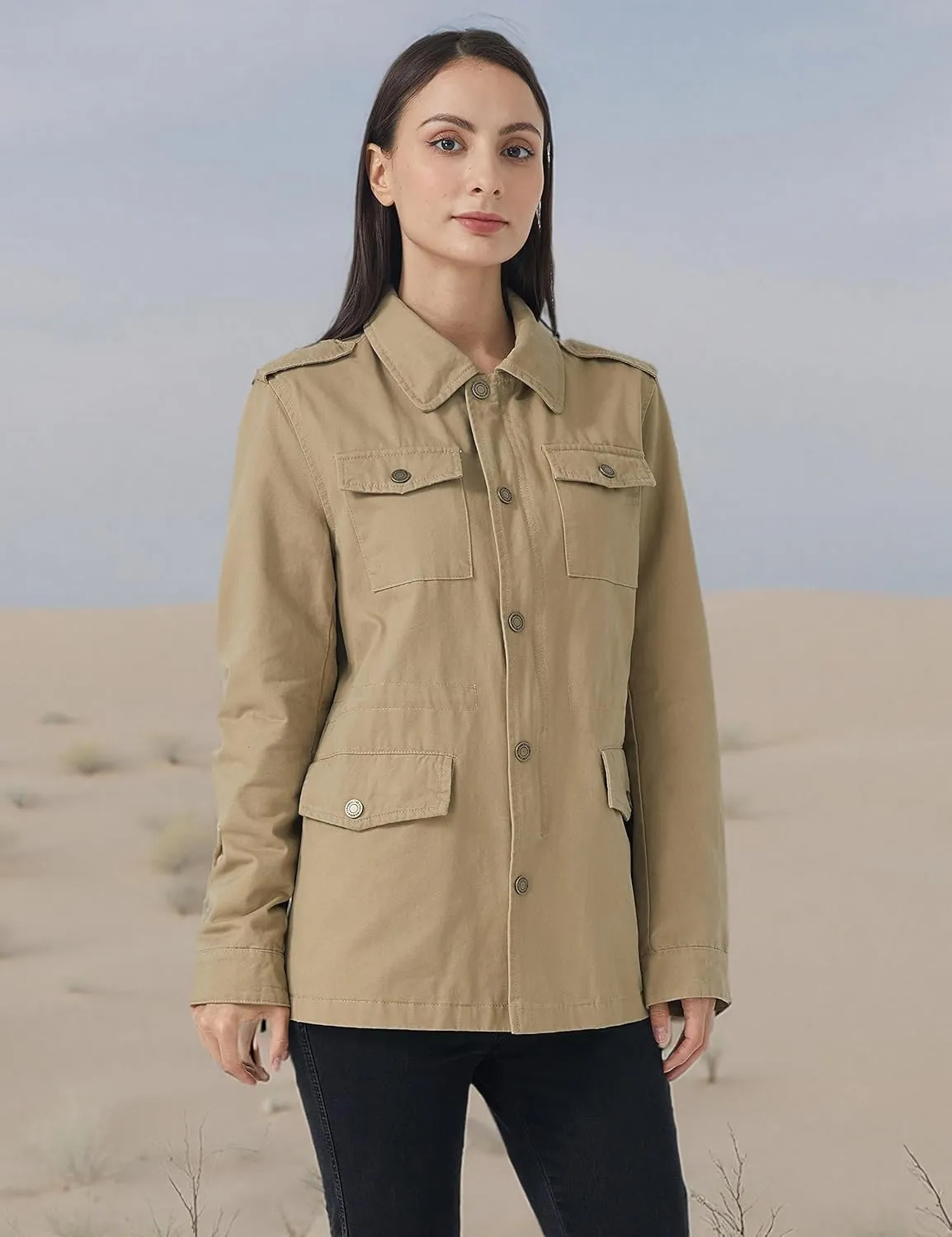 WenVen Women's Lightweight Canvas Cotton Military Jacket Utility Lapel Anorak