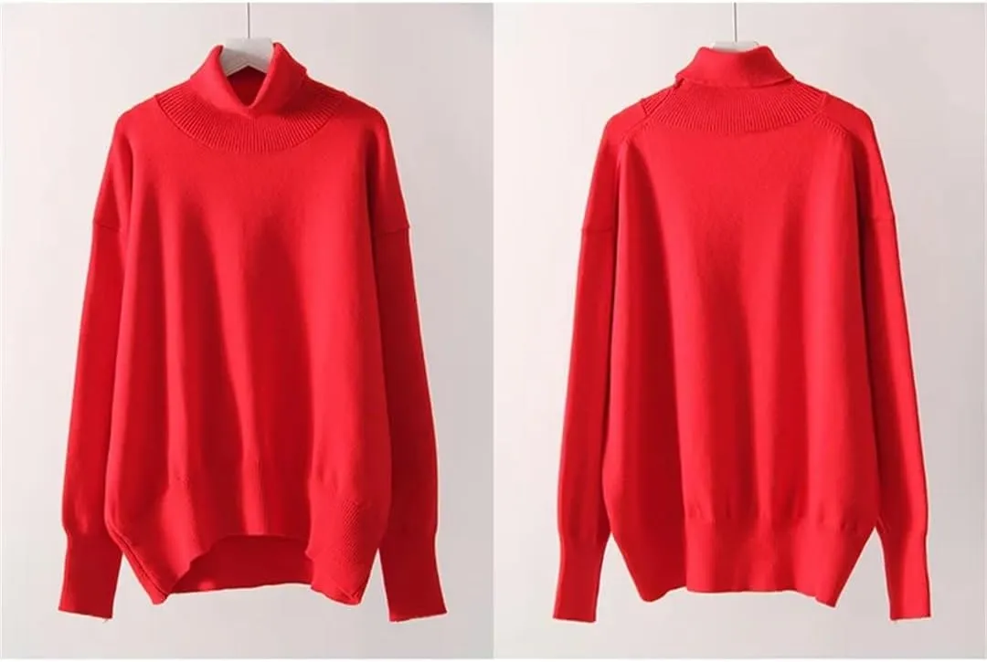 Women Basic Turtleneck Knit Sweater Fall Oversized Knit Pullovers Solid Long Sleeve Warm Sweaters