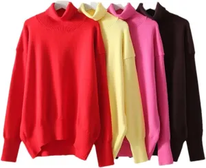 Women Basic Turtleneck Knit Sweater Fall Oversized Knit Pullovers Solid Long Sleeve Warm Sweaters