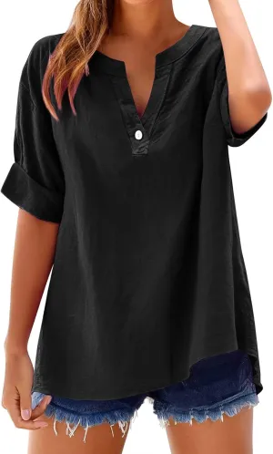 Women Casual Linen Short Sleeve Shirt Summer Fashion Oversized V Neck Button Down Blouses Solid Relax Fit Casual Tops
