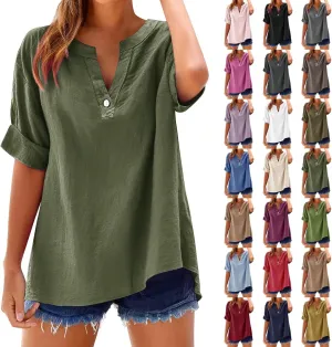 Women Casual Linen Short Sleeve Shirt Summer Fashion Oversized V Neck Button Down Blouses Solid Relax Fit Casual Tops