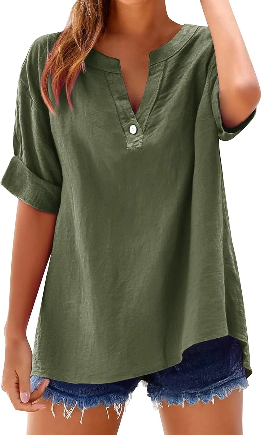 Women Casual Linen Short Sleeve Shirt Summer Fashion Oversized V Neck Button Down Blouses Solid Relax Fit Casual Tops