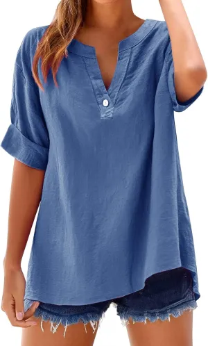 Women Casual Linen Short Sleeve Shirt Summer Fashion Oversized V Neck Button Down Blouses Solid Relax Fit Casual Tops