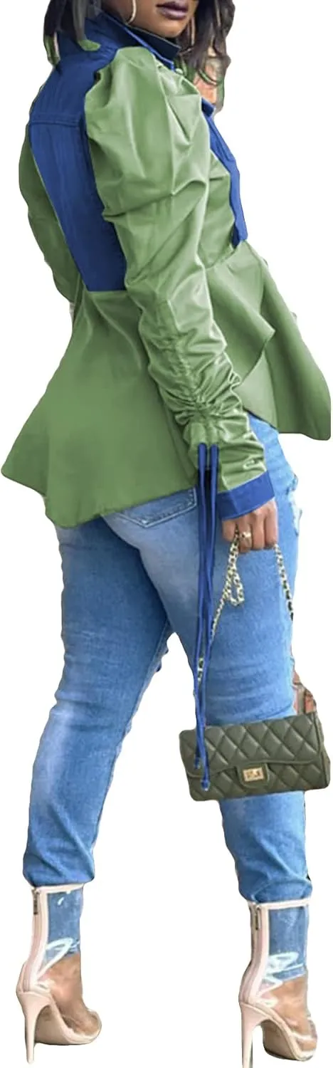 Women Casual Ruched Sleeve Babydoll Top Denim Color Block Irregular Ruffles Button Down Shirt