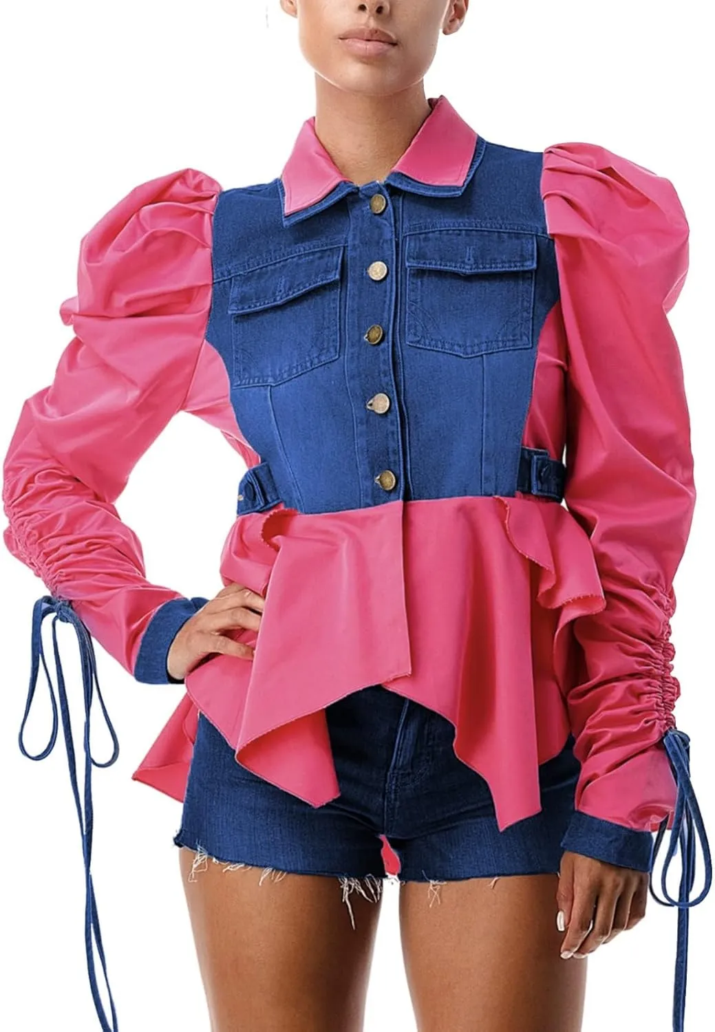 Women Casual Ruched Sleeve Babydoll Top Denim Color Block Irregular Ruffles Button Down Shirt