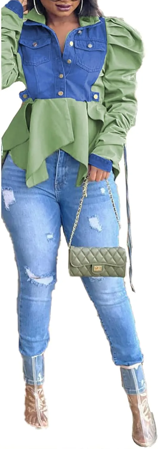 Women Casual Ruched Sleeve Babydoll Top Denim Color Block Irregular Ruffles Button Down Shirt