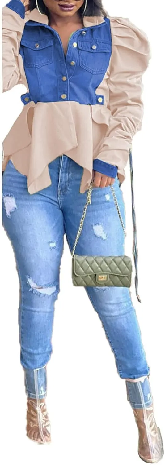 Women Casual Ruched Sleeve Babydoll Top Denim Color Block Irregular Ruffles Button Down Shirt