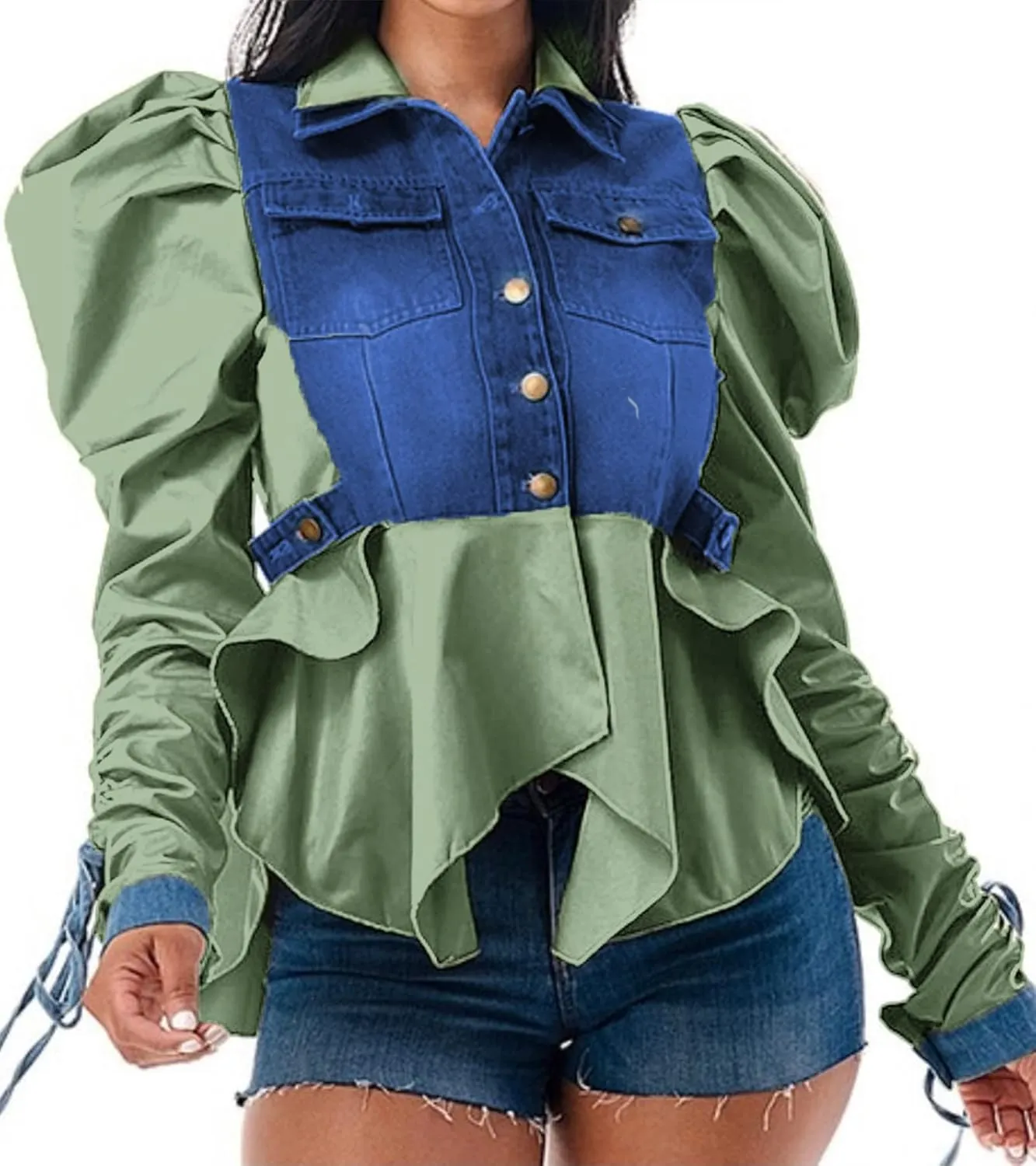 Women Casual Ruched Sleeve Babydoll Top Denim Color Block Irregular Ruffles Button Down Shirt