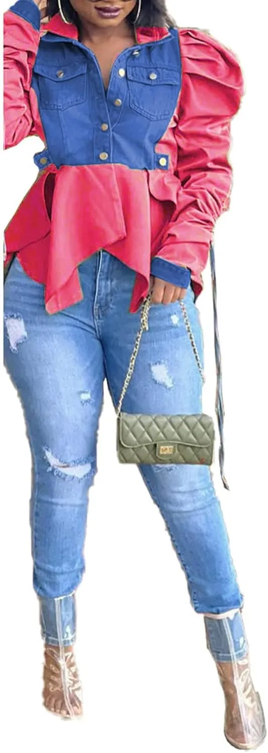 Women Casual Ruched Sleeve Babydoll Top Denim Color Block Irregular Ruffles Button Down Shirt