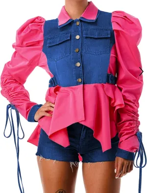 Women Casual Ruched Sleeve Babydoll Top Denim Color Block Irregular Ruffles Button Down Shirt