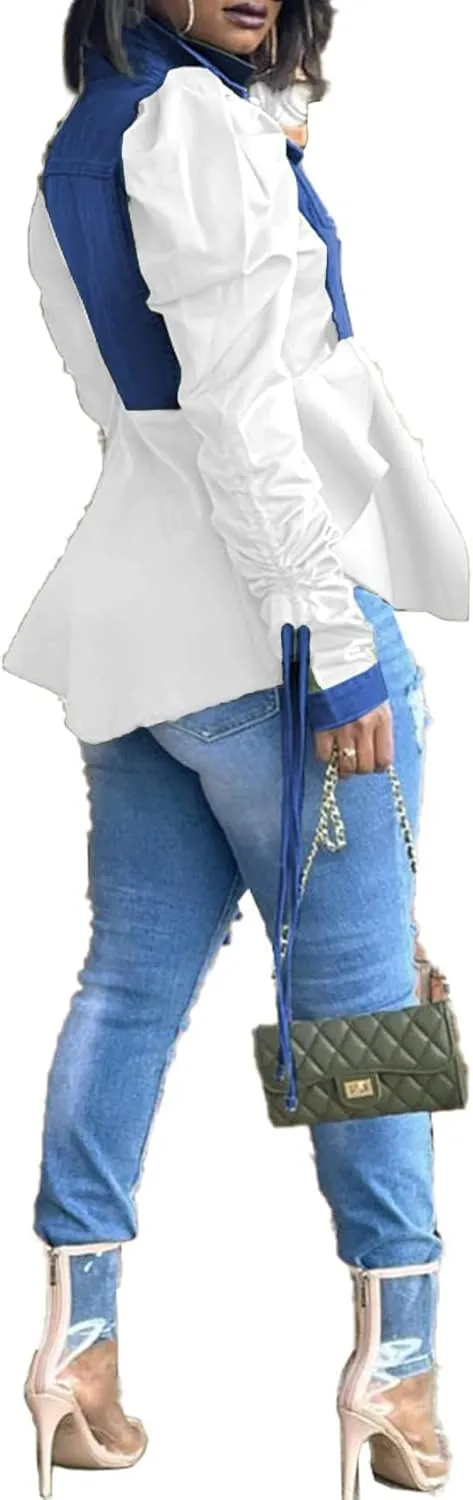 Women Casual Ruched Sleeve Babydoll Top Denim Color Block Irregular Ruffles Button Down Shirt