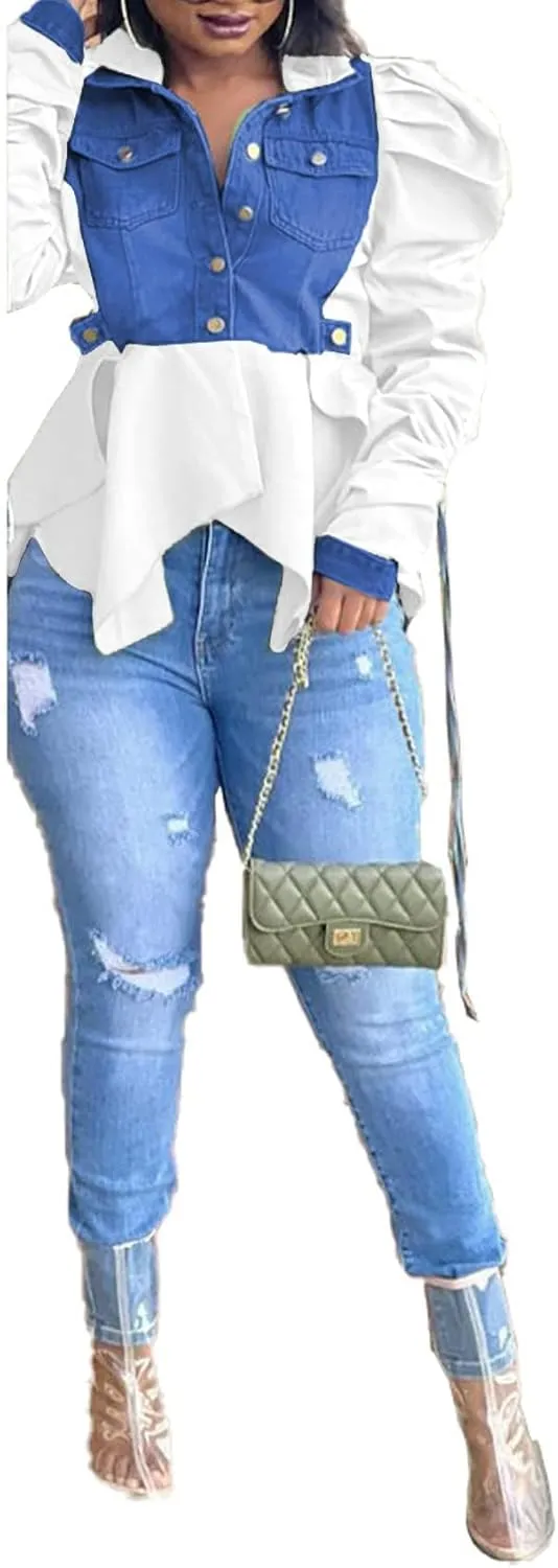 Women Casual Ruched Sleeve Babydoll Top Denim Color Block Irregular Ruffles Button Down Shirt