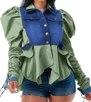 Women Casual Ruched Sleeve Babydoll Top Denim Color Block Irregular Ruffles Button Down Shirt
