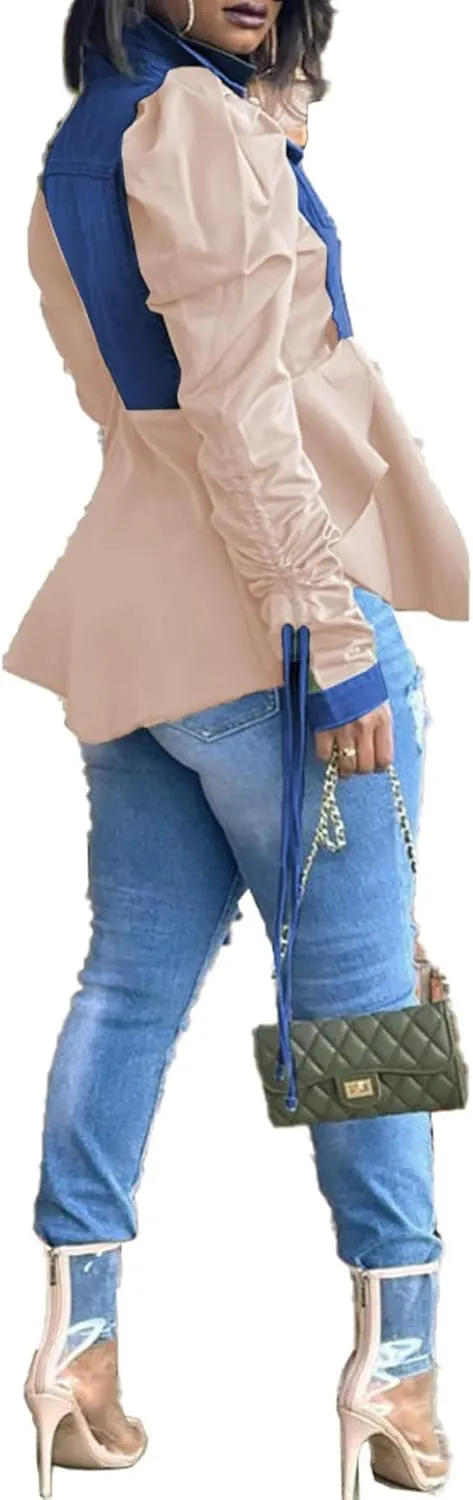 Women Casual Ruched Sleeve Babydoll Top Denim Color Block Irregular Ruffles Button Down Shirt