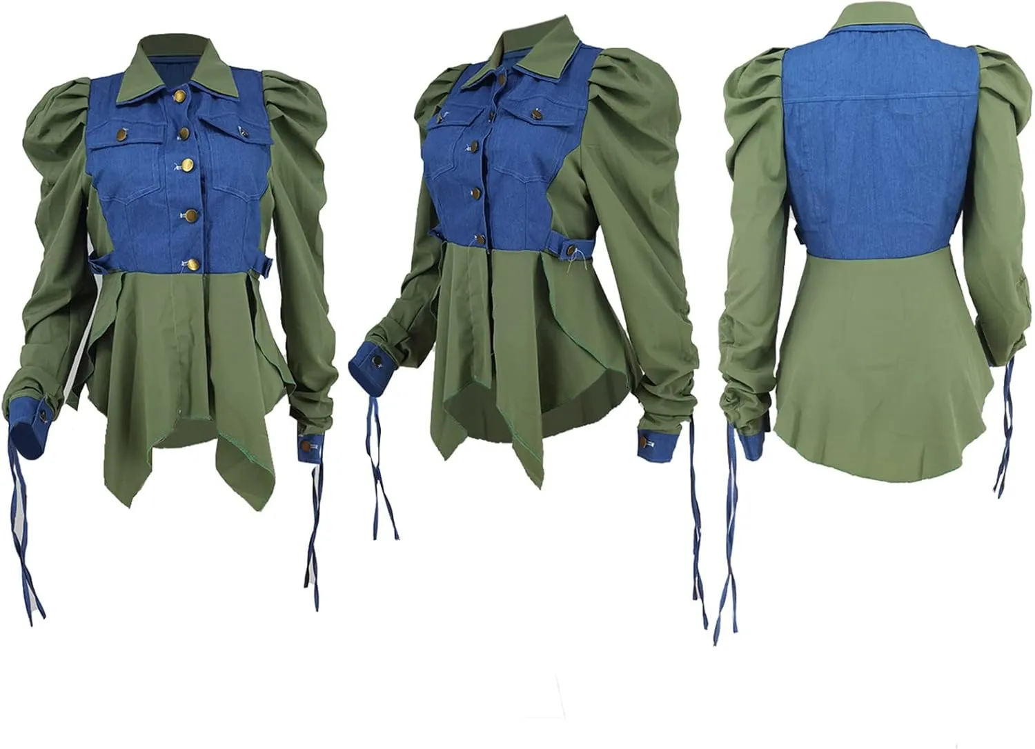 Women Casual Ruched Sleeve Babydoll Top Denim Color Block Irregular Ruffles Button Down Shirt