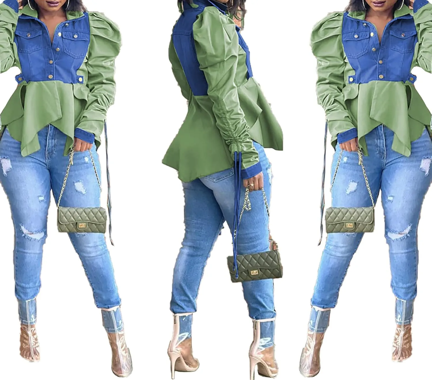 Women Casual Ruched Sleeve Babydoll Top Denim Color Block Irregular Ruffles Button Down Shirt