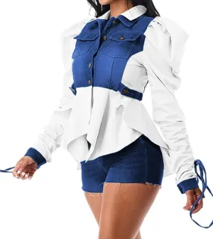 Women Casual Ruched Sleeve Babydoll Top Denim Color Block Irregular Ruffles Button Down Shirt