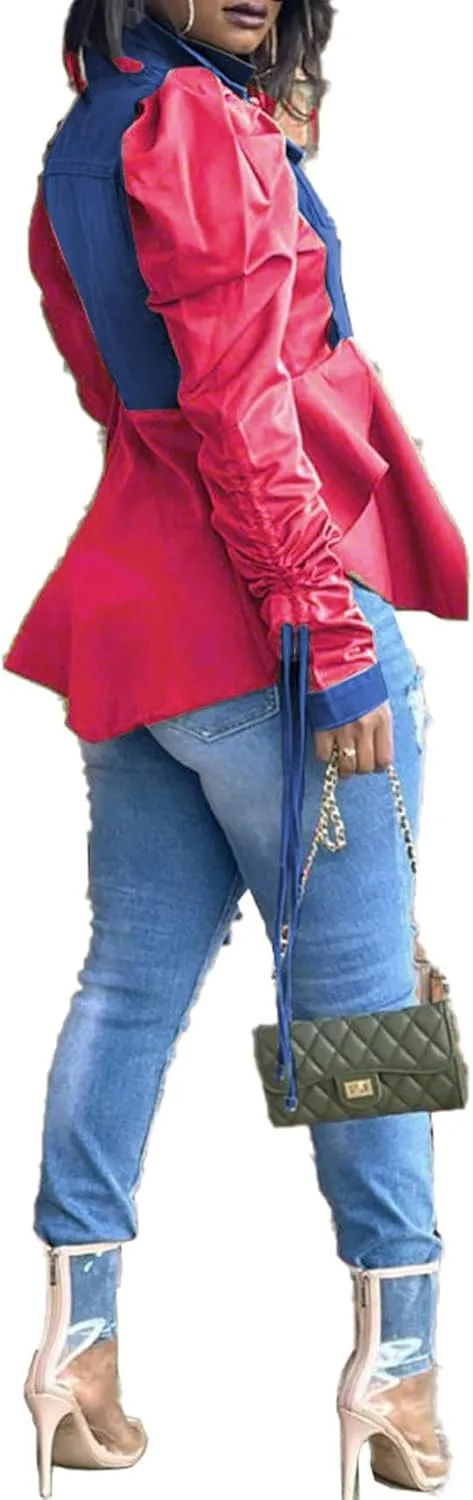Women Casual Ruched Sleeve Babydoll Top Denim Color Block Irregular Ruffles Button Down Shirt