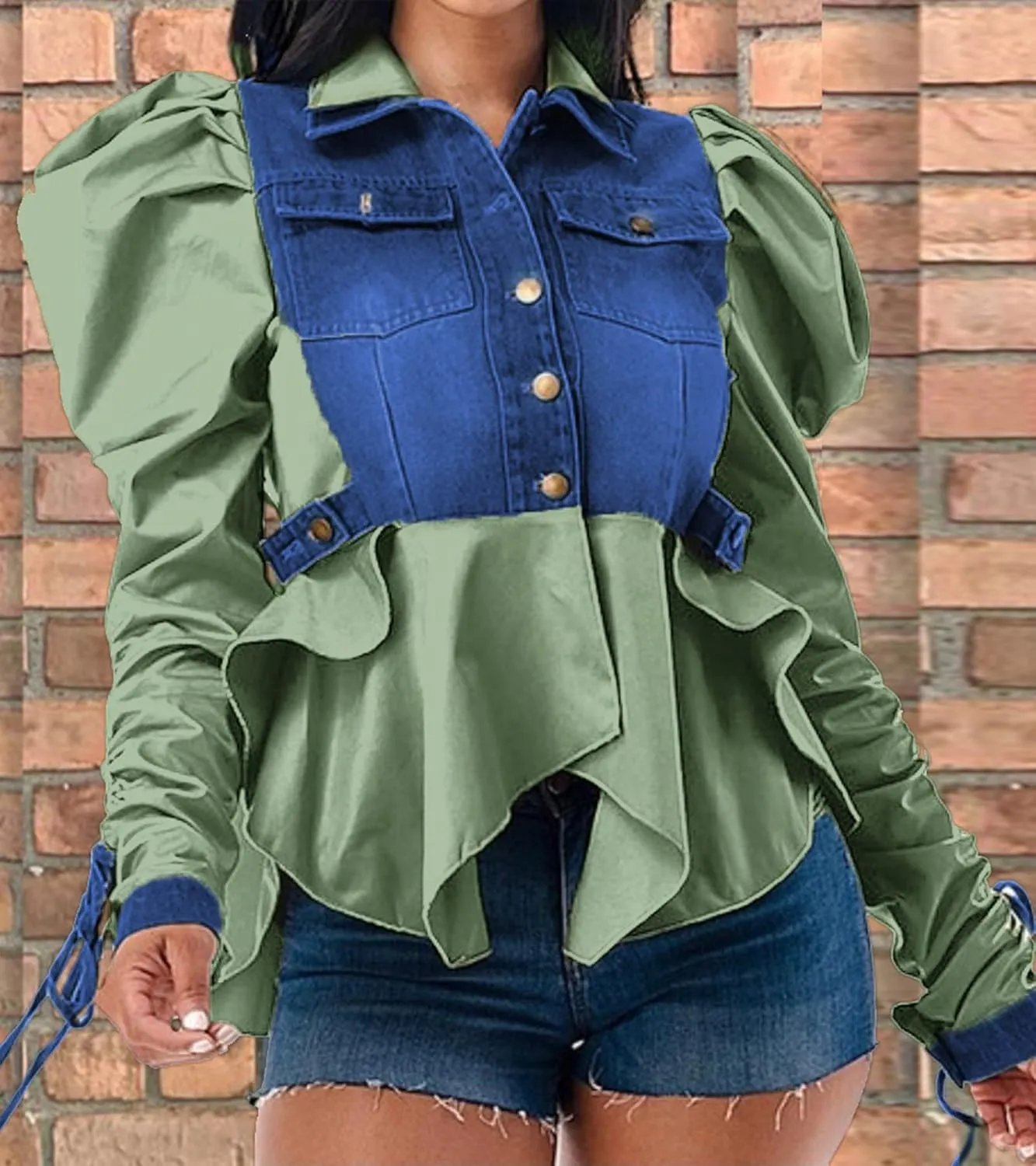 Women Casual Ruched Sleeve Babydoll Top Denim Color Block Irregular Ruffles Button Down Shirt