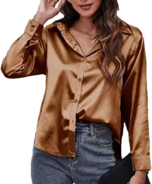 Women Elegant Satin Blouse Long Sleeve Loose Turn-Down Collar Top Street Fashion Clothing