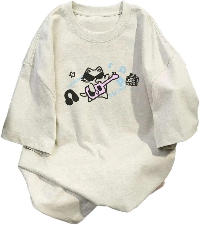 Women Oversized T Shirts Kawaii Cat Graphic Tees Summer Crewneck Cotton Short Sleeve Y2K Downtown Girls Clothes